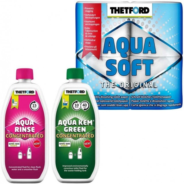 Thetford Aqua Kem Concentrate Green, Aqua Rinse Concentrate & Aqua Soft Toilet Roll Pack