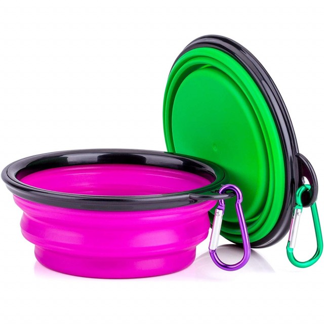 Set of 2 Collapsible Pet Bowls with Handy Clip in Purple and Green