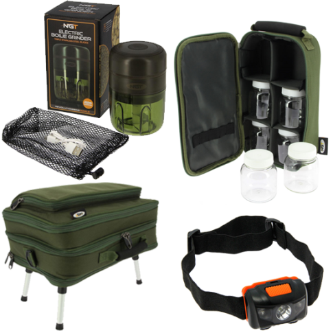 NGT Carp Case System PLUS with Glug Pots, USB Boilie Grinder and